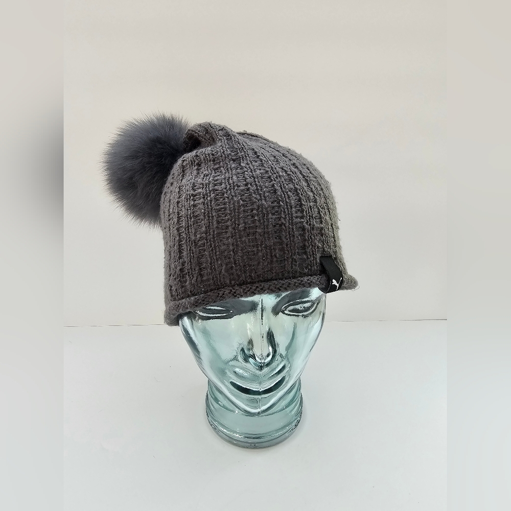 PUMA Premium Ribbed Knit Beanie Genuine Fox Fur Pom-Pom Grey Winter Hat